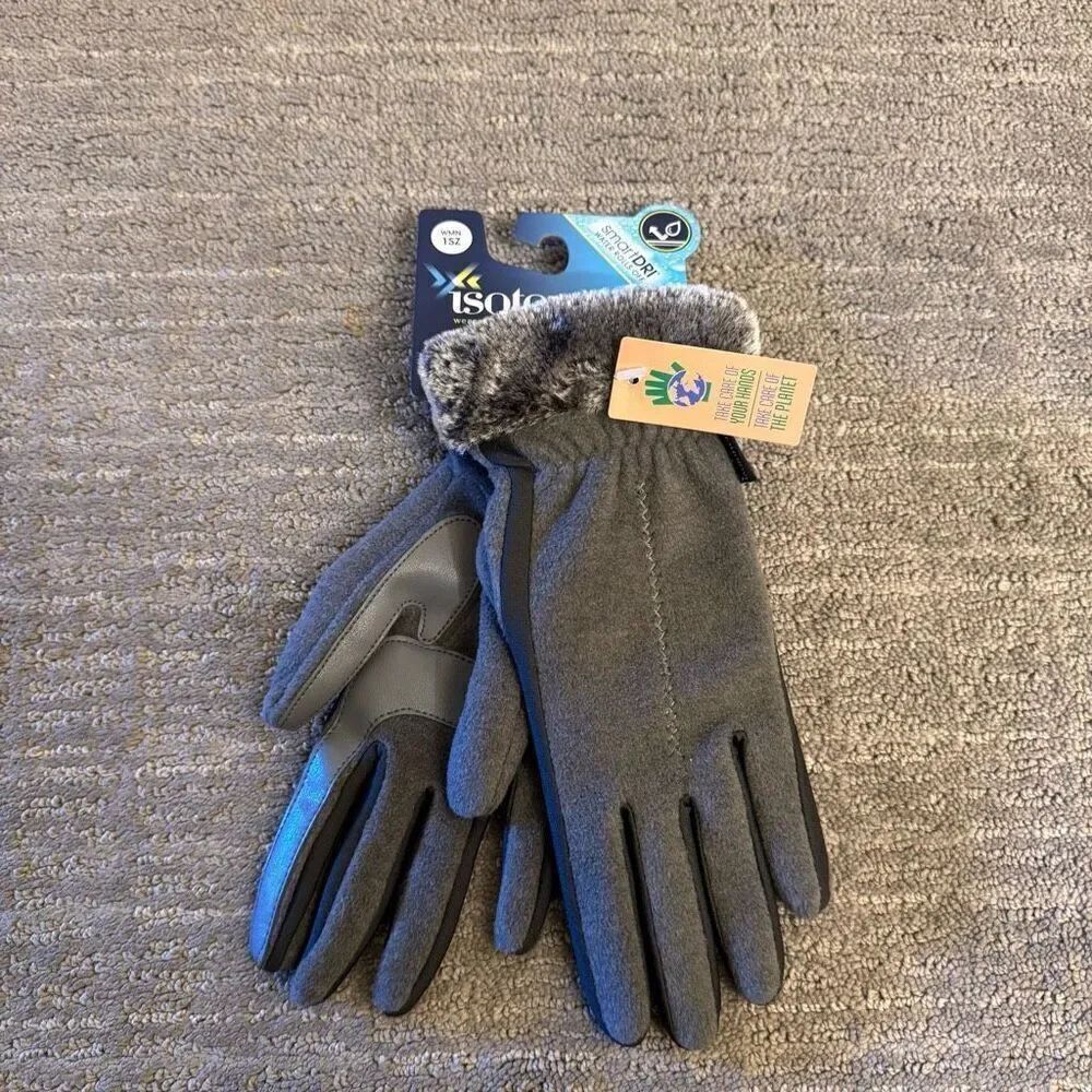 Isotoner Gray Faux Fur Trim Winter Smart Touch Gloves Micro Fleece NWT